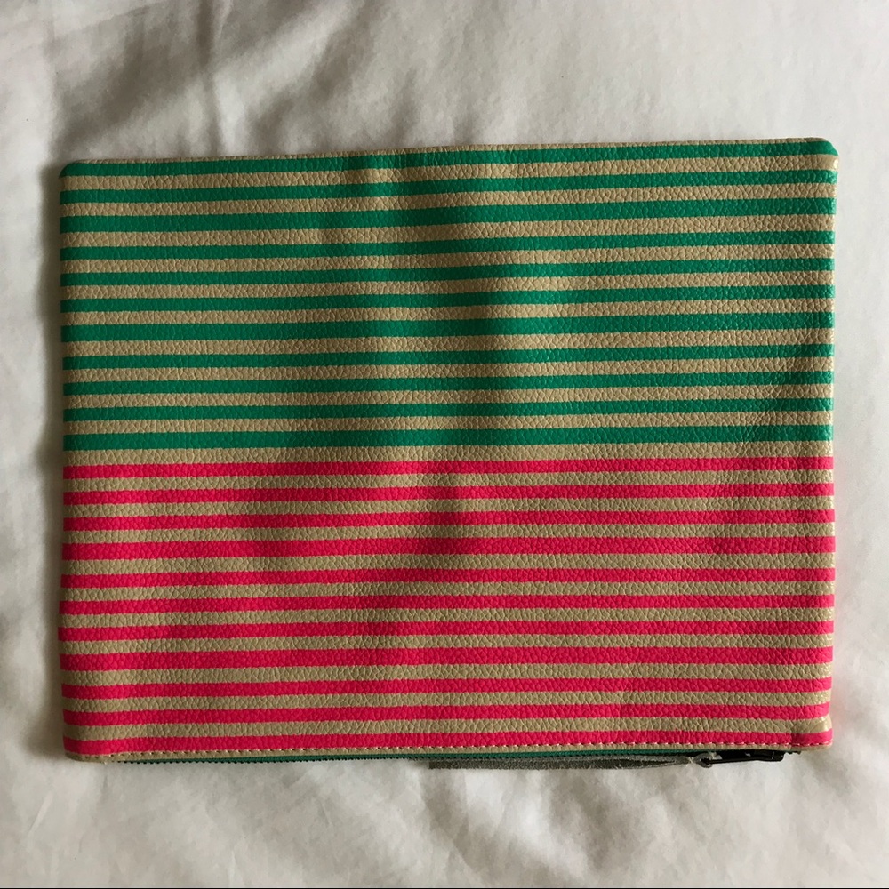 J. Crew Pink Cream Green Striped Soft Leather Zippered Clutch Use two ways!